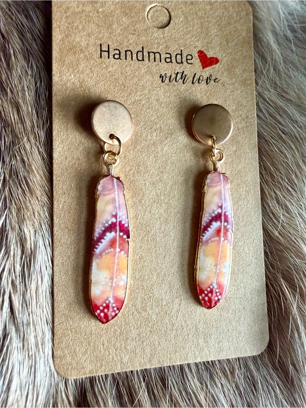 Handmade Feather Drop Earrings in Pink, Peach & Red